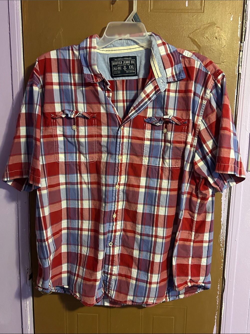 Nautica Red, Blue & White Plaid Short-Sleeve Button-Down Shirt
